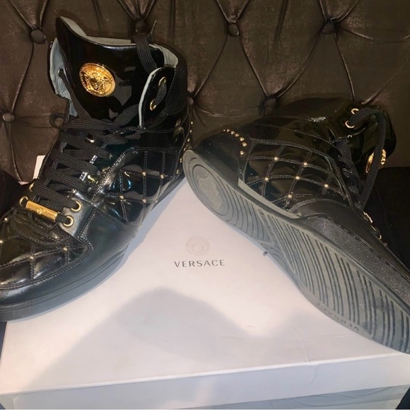 Versace Patent Black Leather Gold Studded Sneakers(no box) - Picture 2 of 4